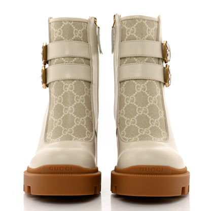 Gucci Kensington Calfskin Nappa GG Supreme Monogram Womens Double Buckle Ankle Boots 36.5 Mystic White Beige 2 of 8