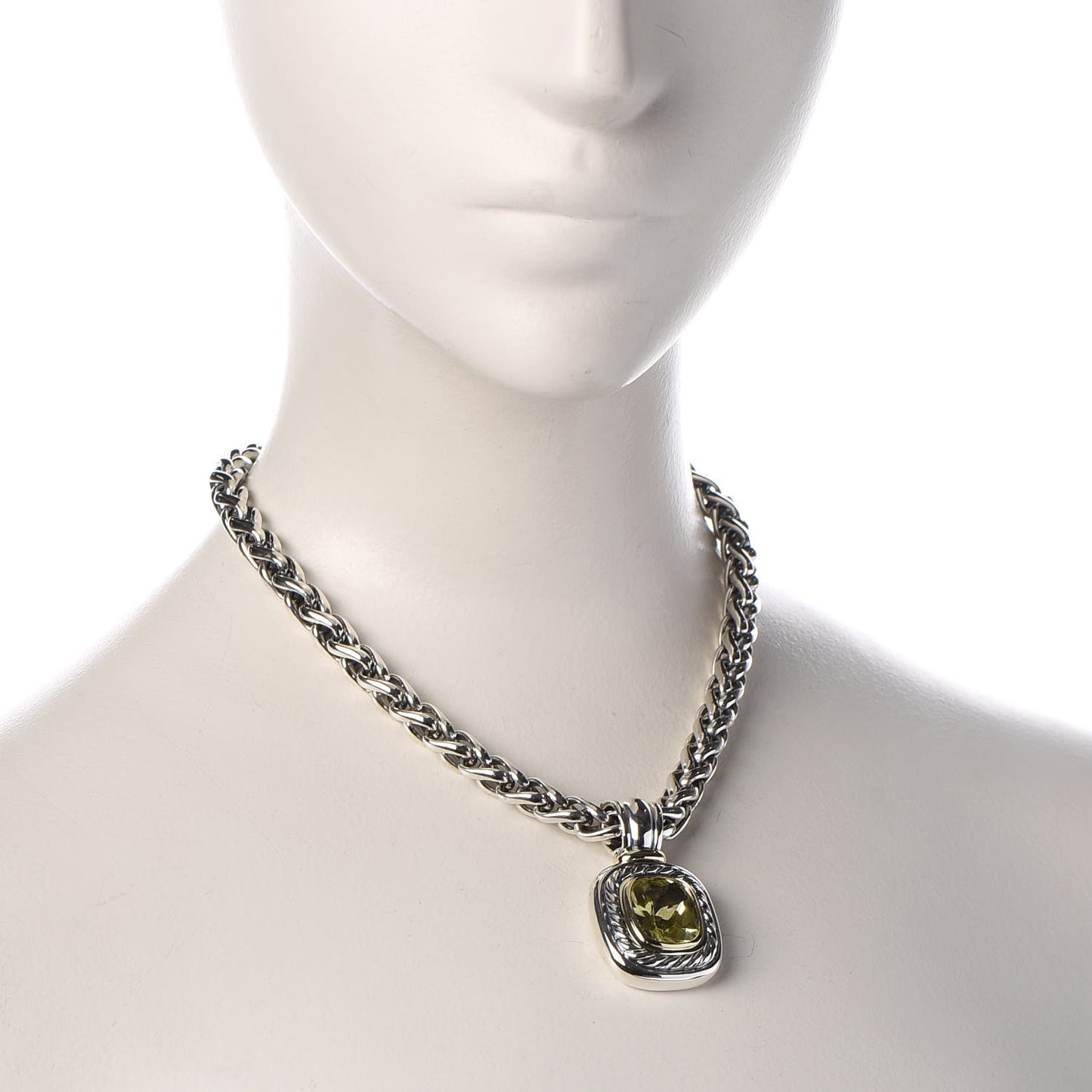 Sterling Silver 14K Yellow Gold Lemon Quartz Albion Pendant Wheat Chain Necklace