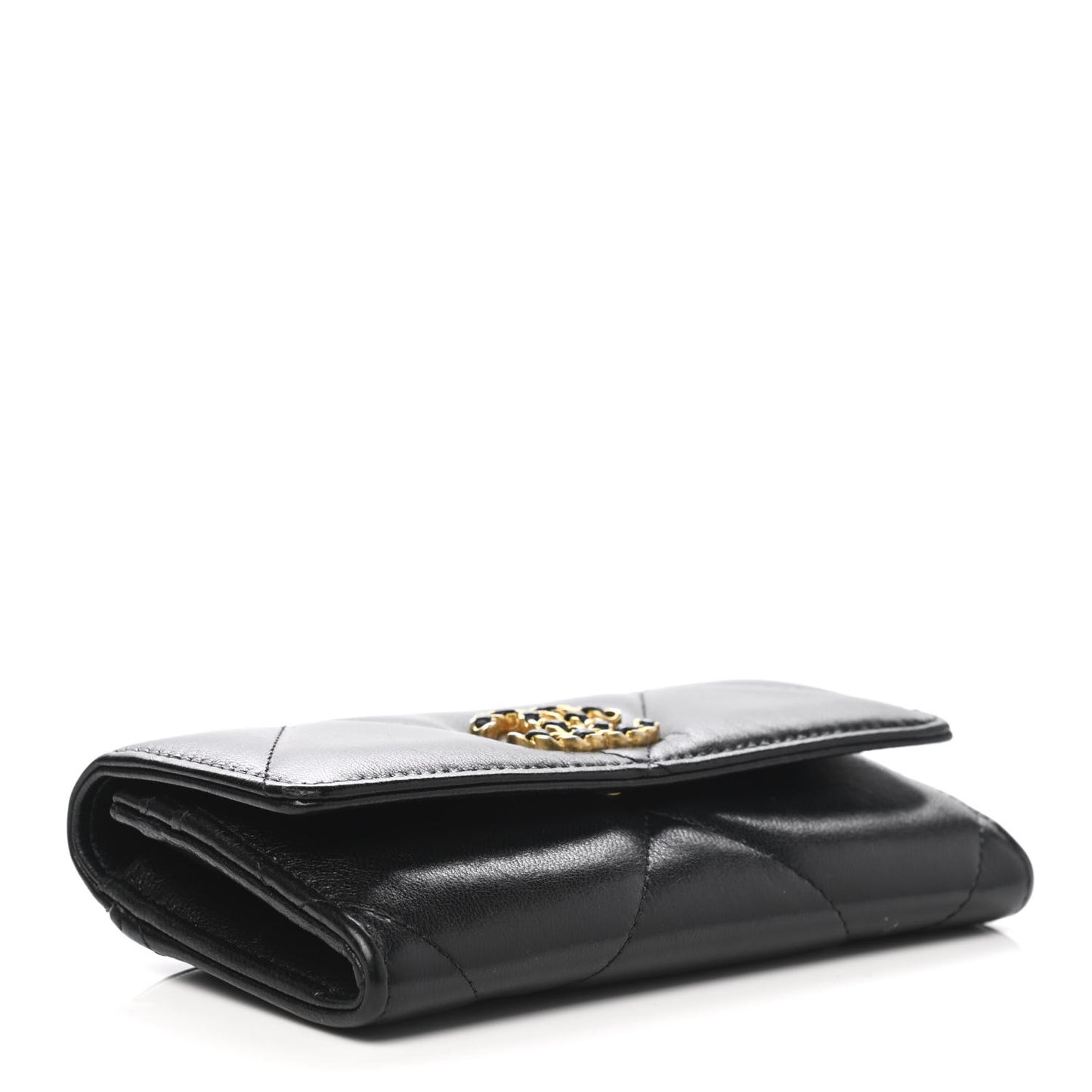 Shiny Goatskin Quilted Chanel 19 Flap Wallet Black