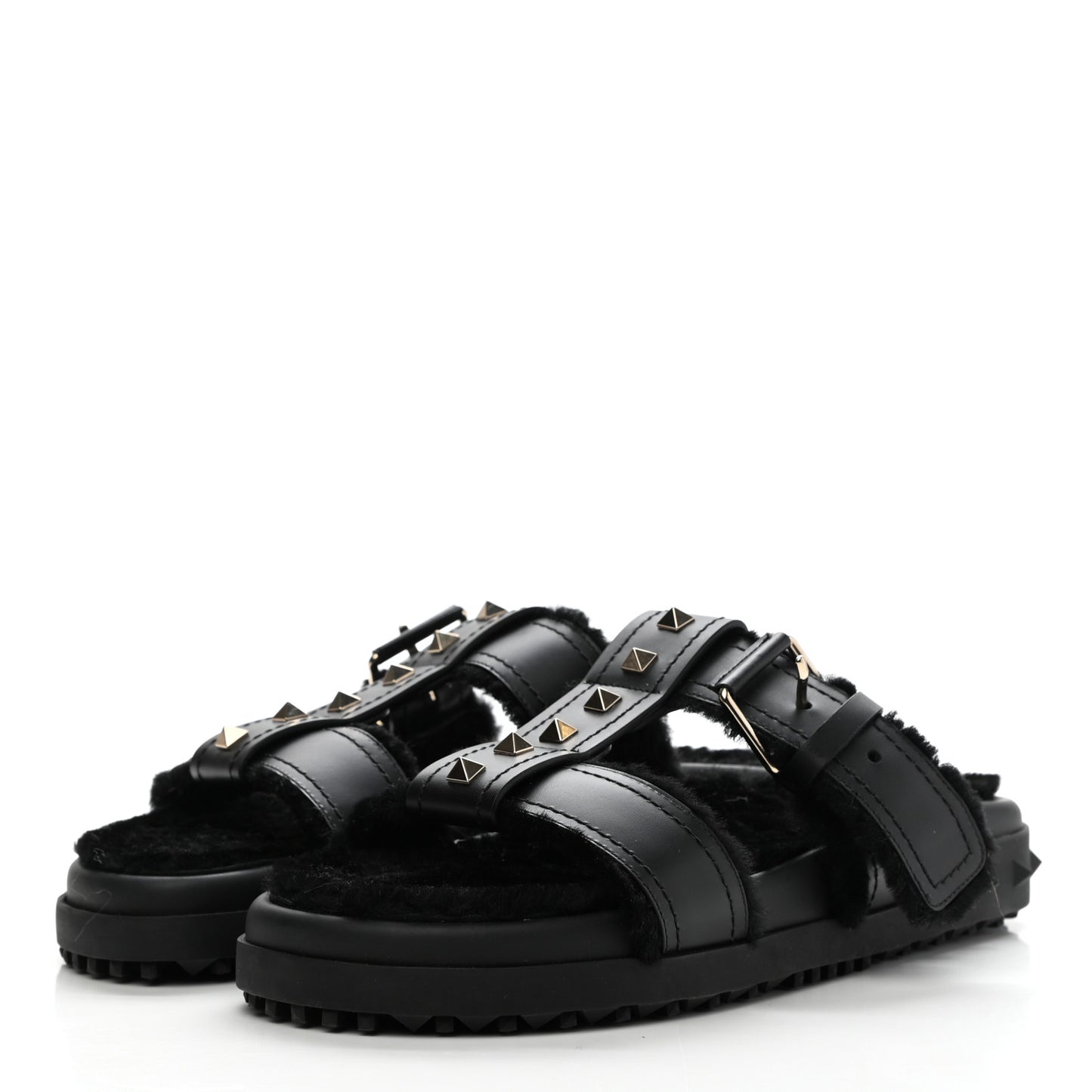 Shearling Rockstud Slide Sandals 38 Black