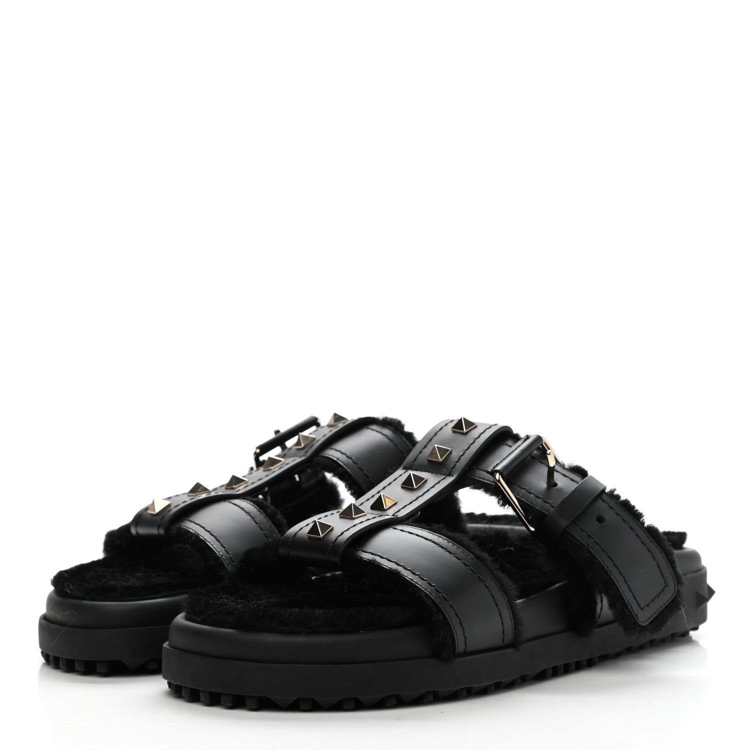 Valentino Garavani Shearling Rockstud Slide Sandals 38 Black 3 of 8