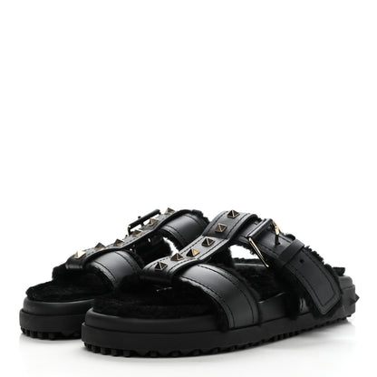 Valentino Garavani Shearling Rockstud Slide Sandals 38 Black 3 of 8