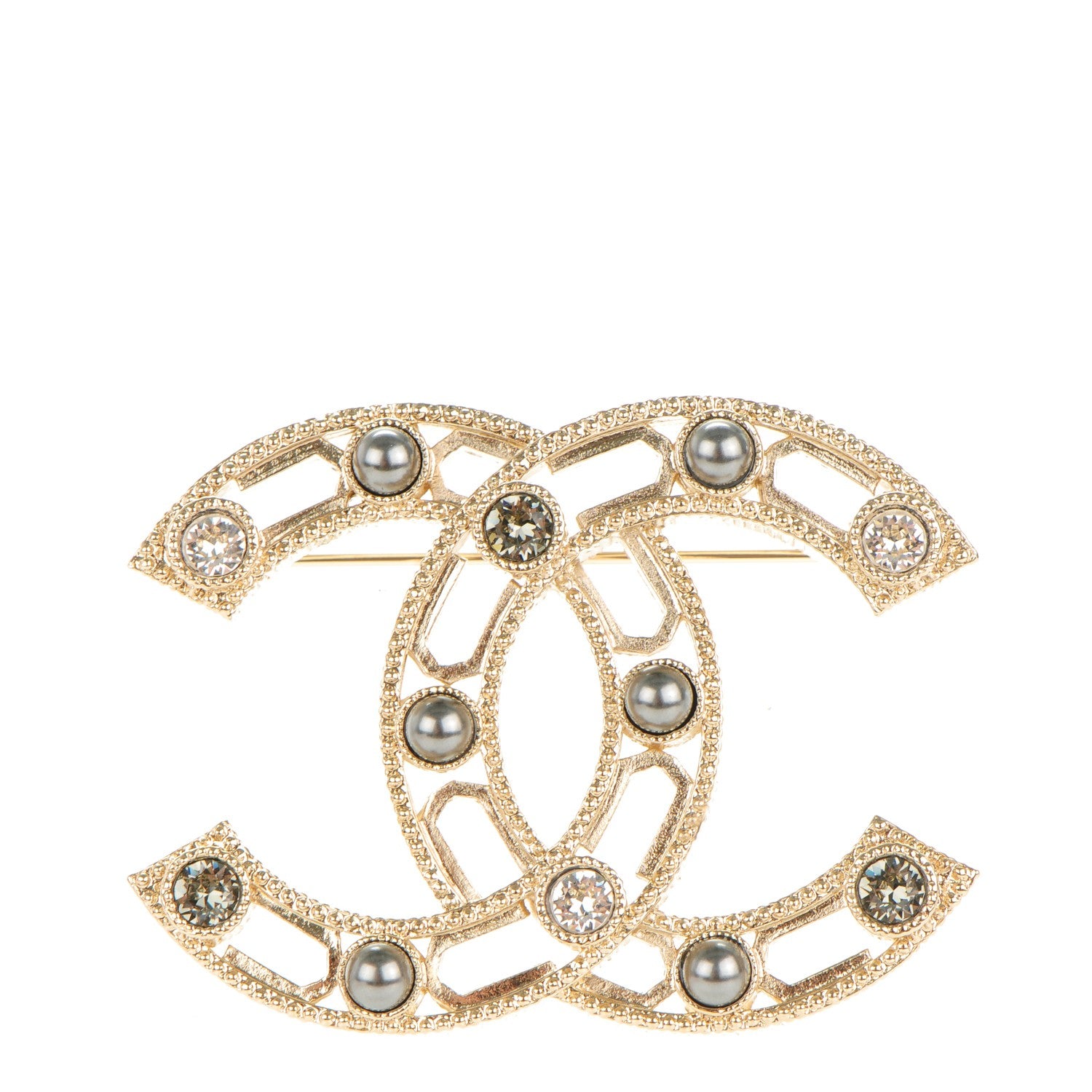 Chanel Pearl Crystal CC Brooch Gold Grey 1 of 4