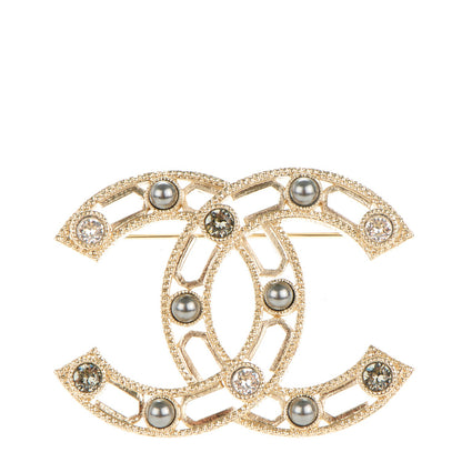 Chanel Pearl Crystal CC Brooch Gold Grey 1 of 4