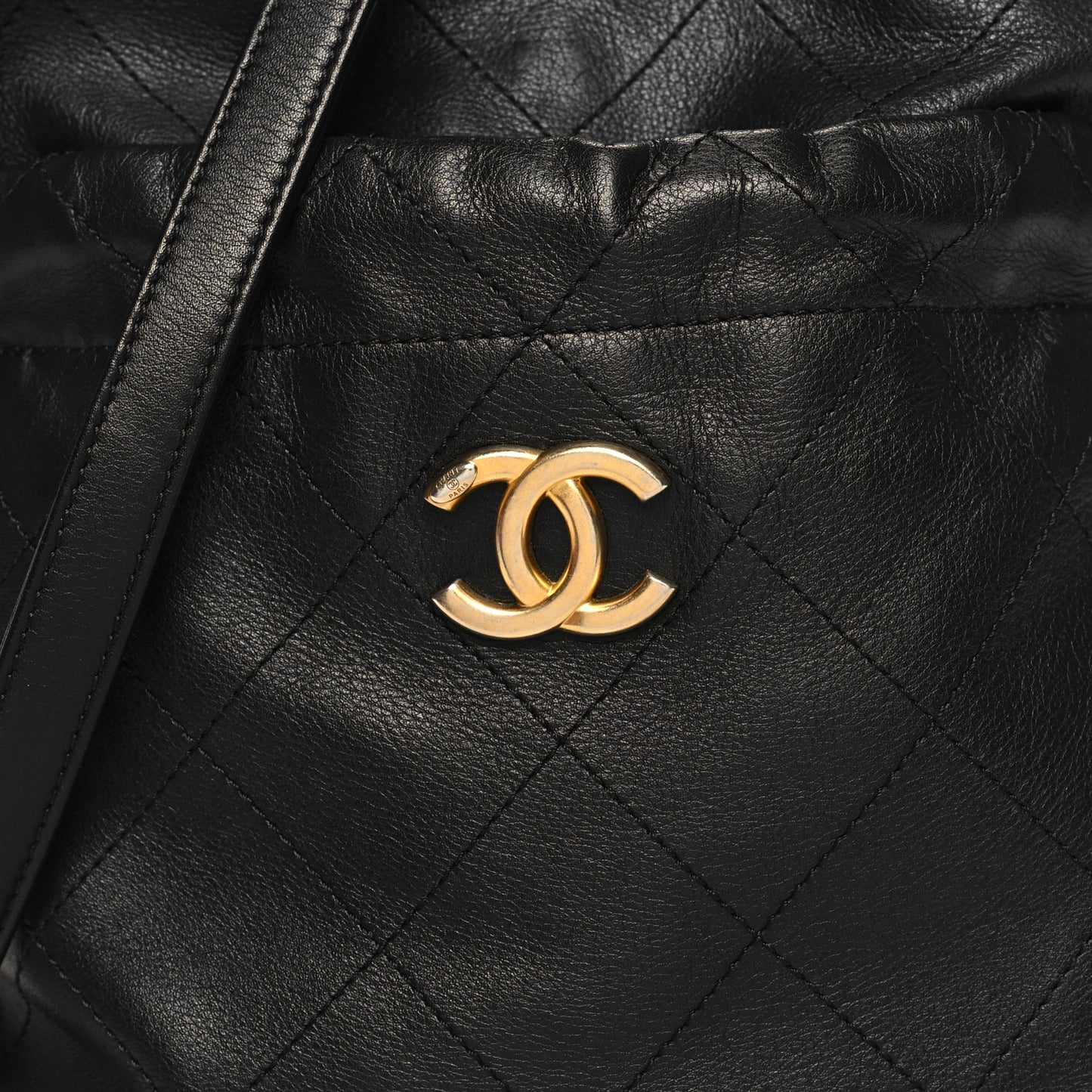 Calfskin Quilted Drawstring Bucket Bag Black
