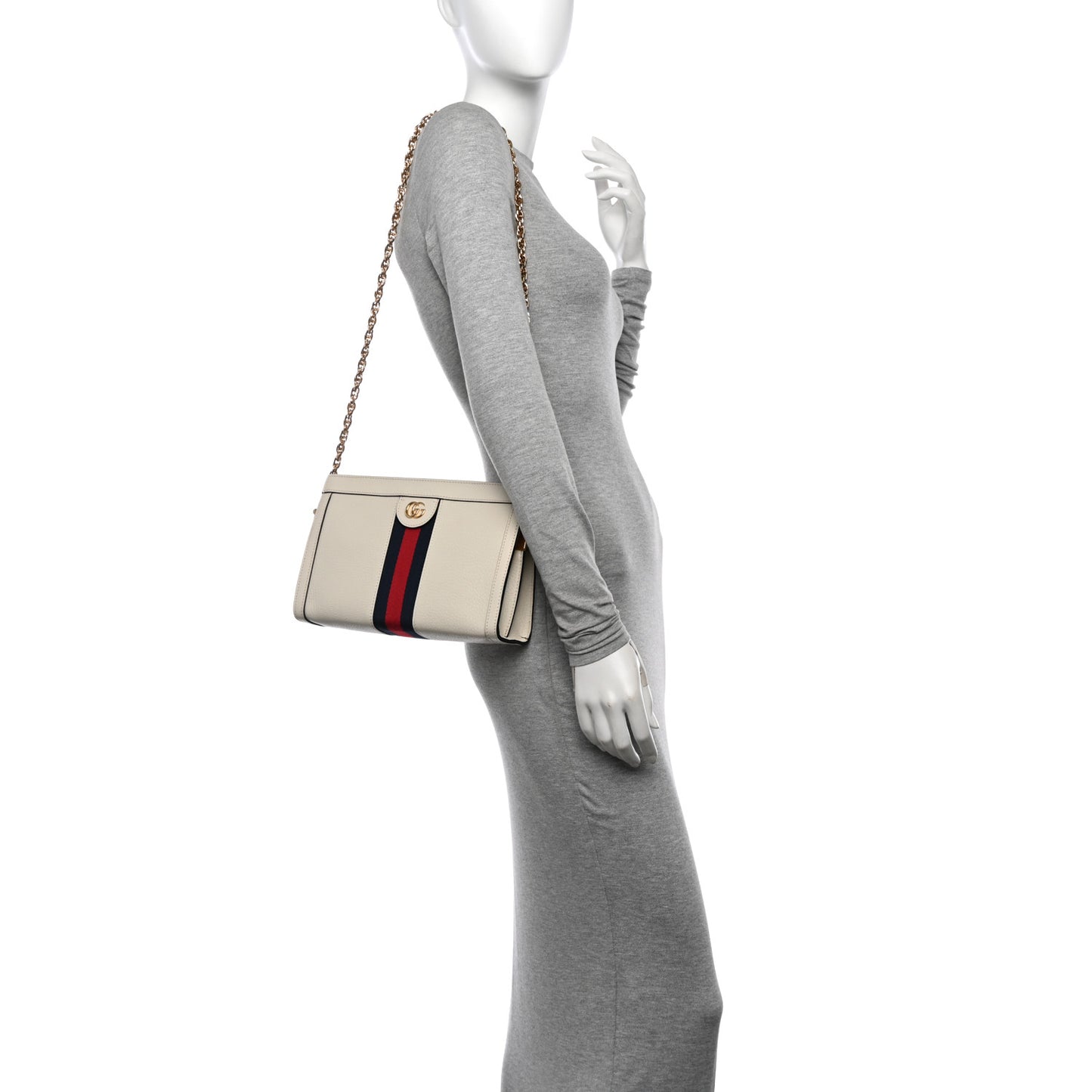 Textured Calfskin Web Small Ophidia Chain Shoulder Bag Mystic White