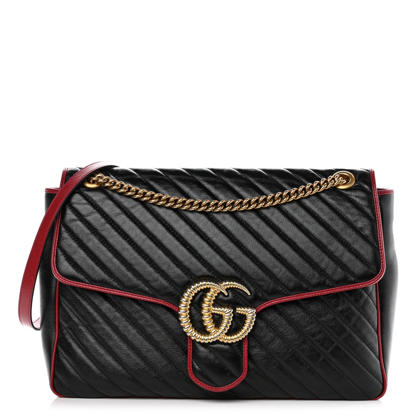 Vintage Effect Calfskin Matelasse Diagonal Large Torchon GG Marmont Shoulder Bag Black Romantic Cherry