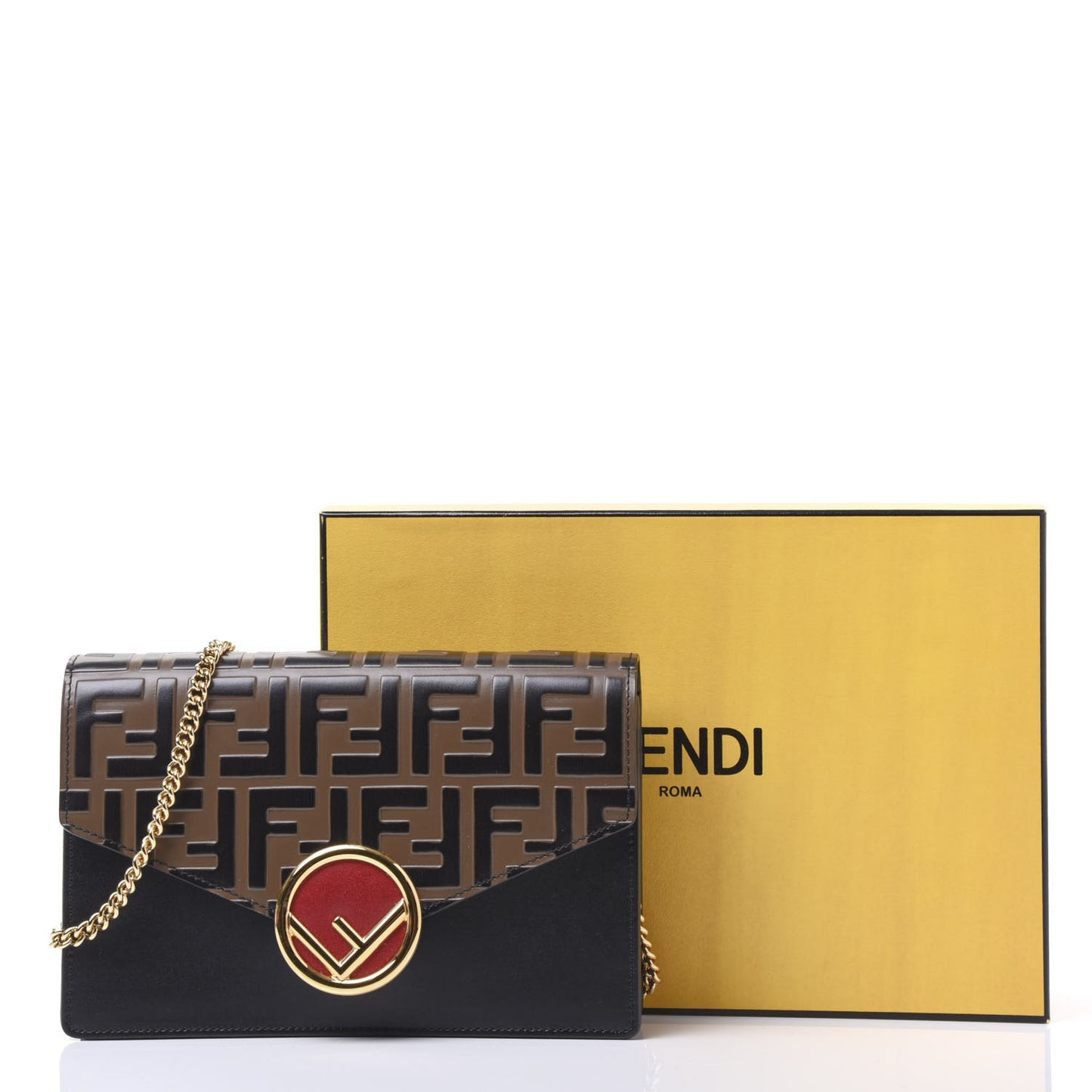 Vitello Liberty F is Fendi Bi-Color FF 1974 Embossed Medium Envelope Wallet On Chain Black Maya