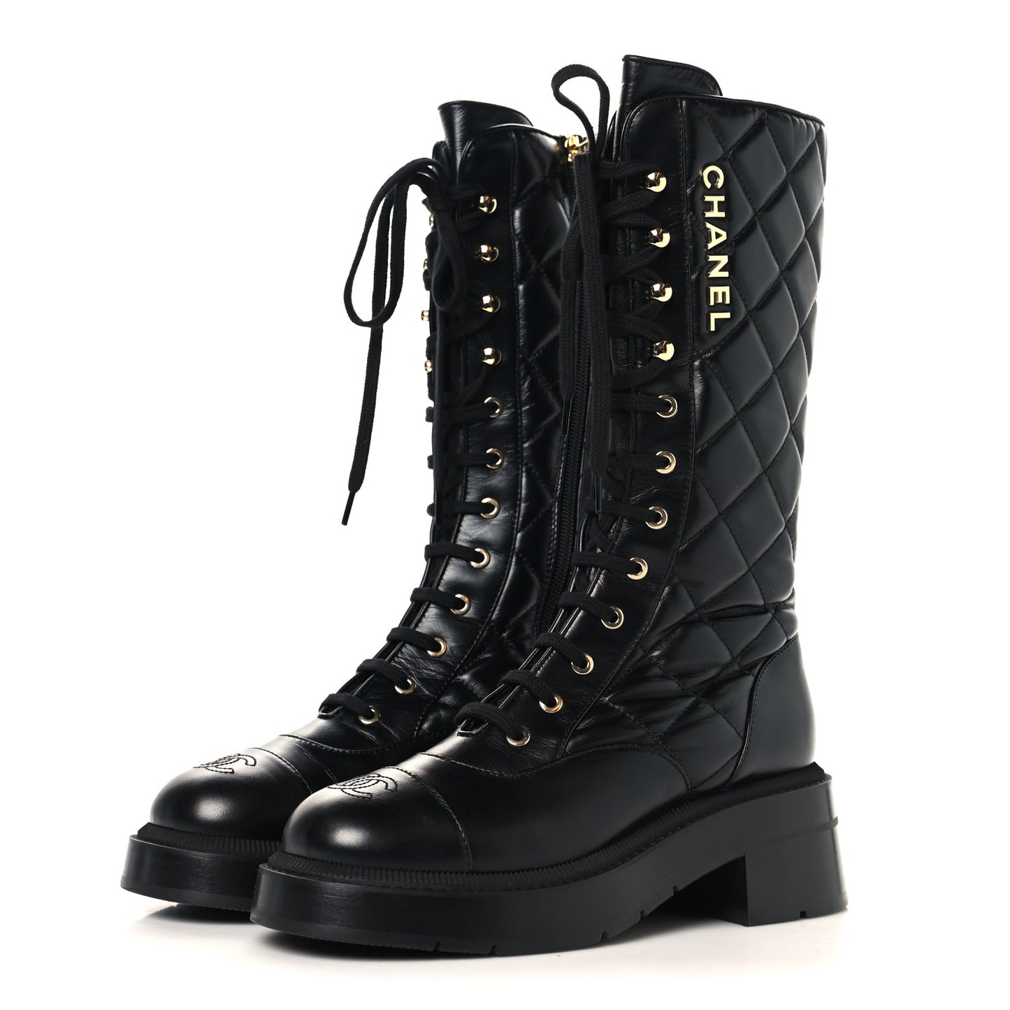 Calfskin Quilted Logo Lace Up Tall Combat Boots 37.5 Black