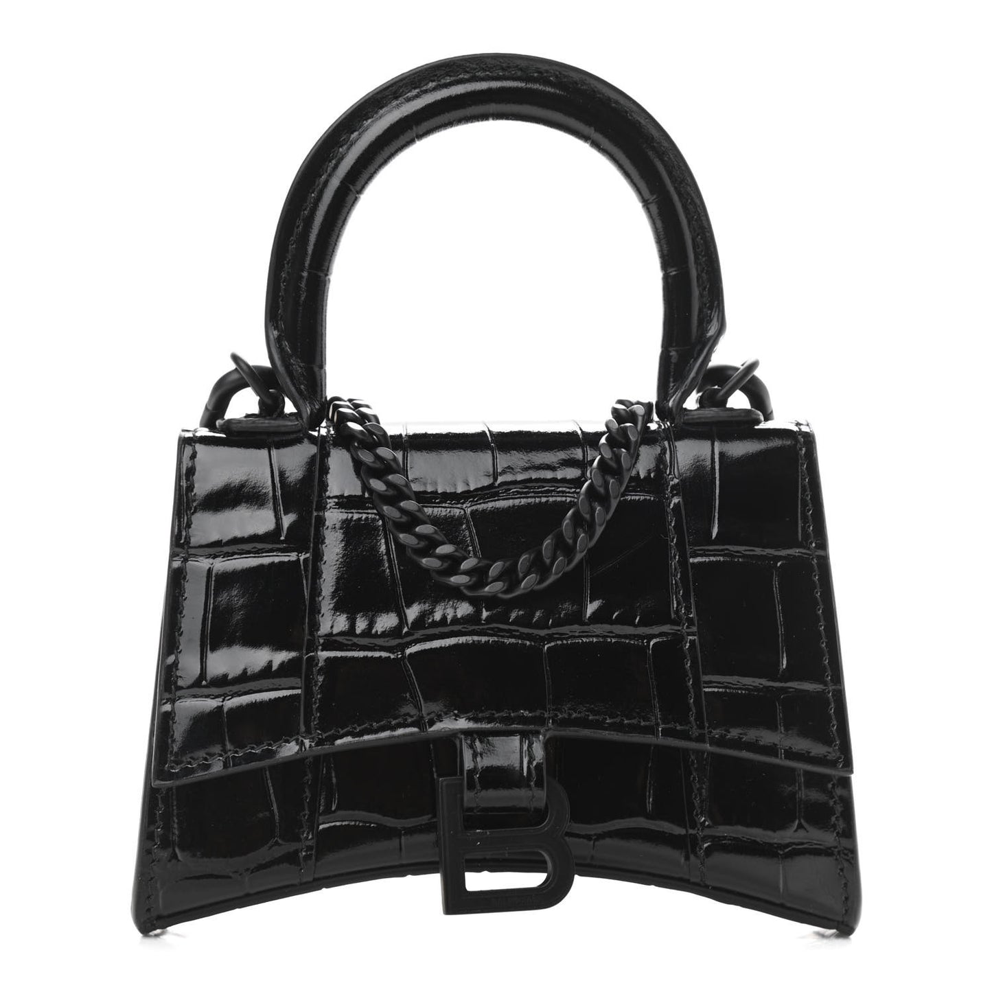 Shiny Calfskin Monochrome Crocodile Embossed Hourglass Top Handle Bag Mini with Chain Black