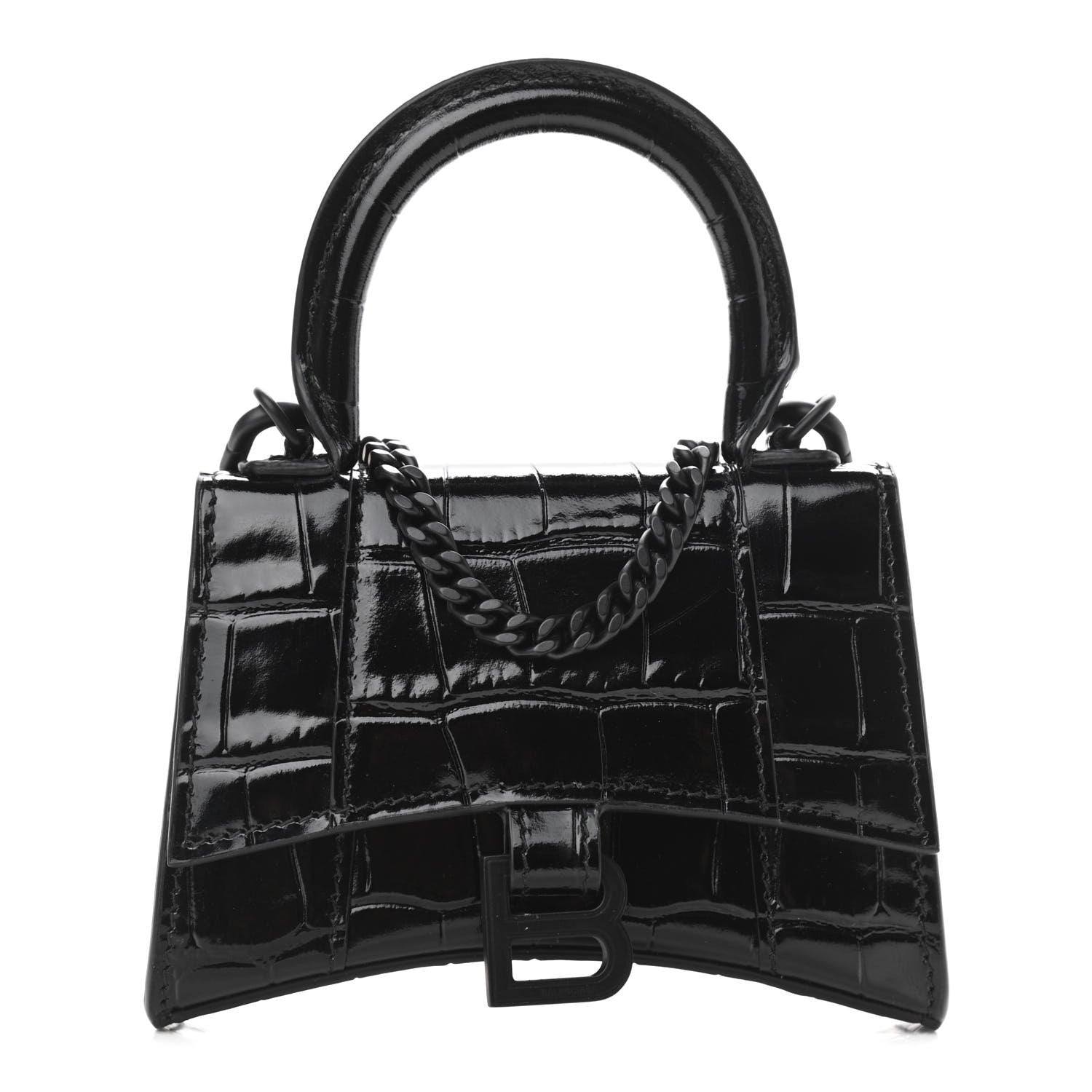 Balenciaga Shiny Calfskin Monochrome Crocodile Embossed Hourglass Top Handle Bag Mini with Chain Black 1 of 8