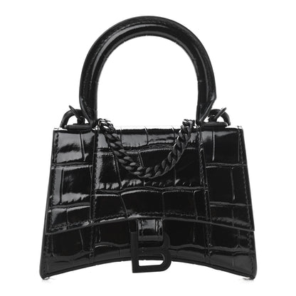 Balenciaga Shiny Calfskin Monochrome Crocodile Embossed Hourglass Top Handle Bag Mini with Chain Black 1 of 8
