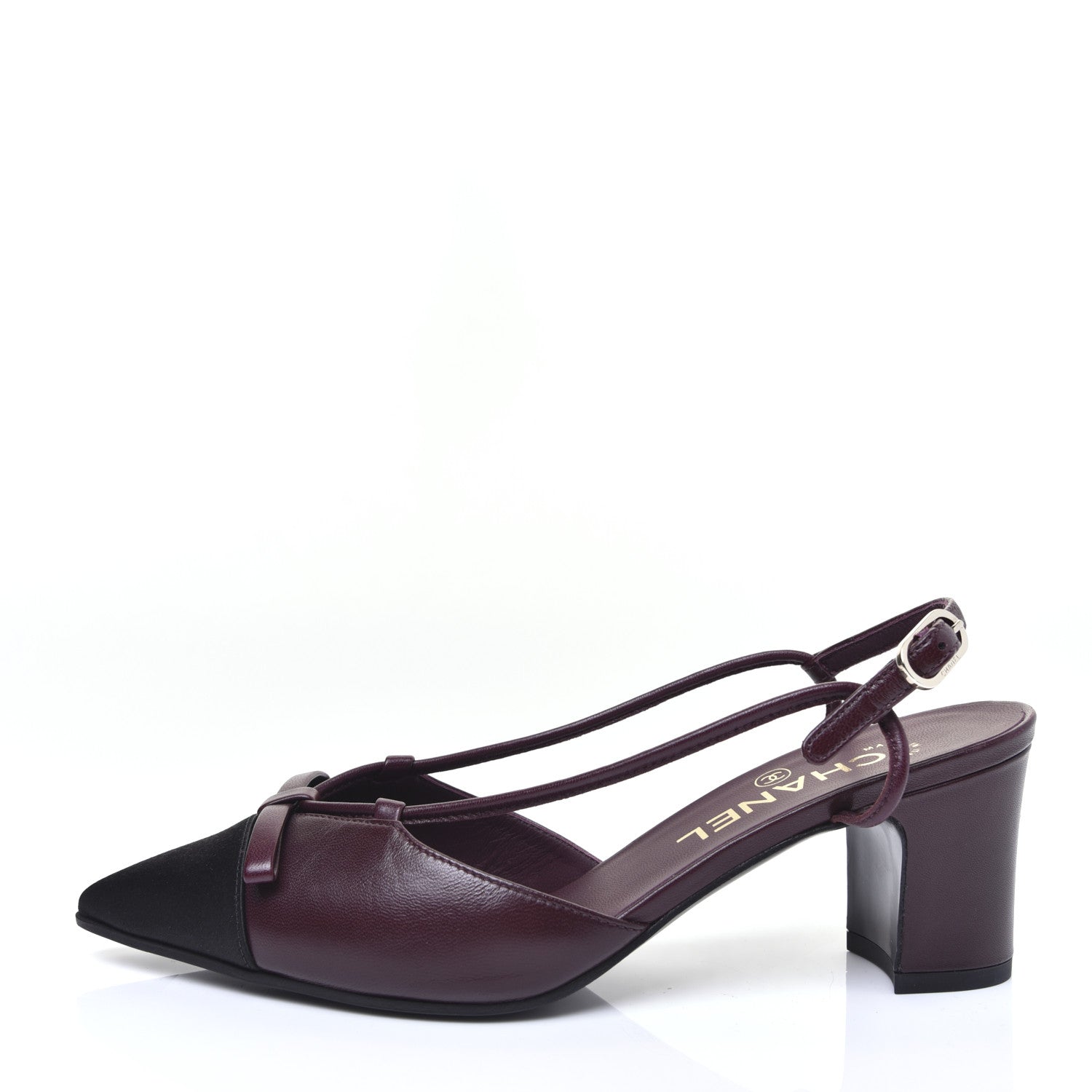 Chanel Lambskin Satin Slingback Cap Toe Bow Pumps 36.5 Burgundy Black 1 of 14