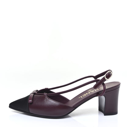 Chanel Lambskin Satin Slingback Cap Toe Bow Pumps 36.5 Burgundy Black 1 of 14