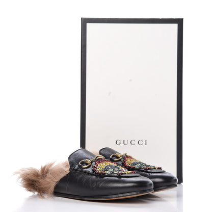 Gucci Malaga Kid Fur Crystal Dragon Embroidered Womens Princetown Slippers 35 Black 15 of 15