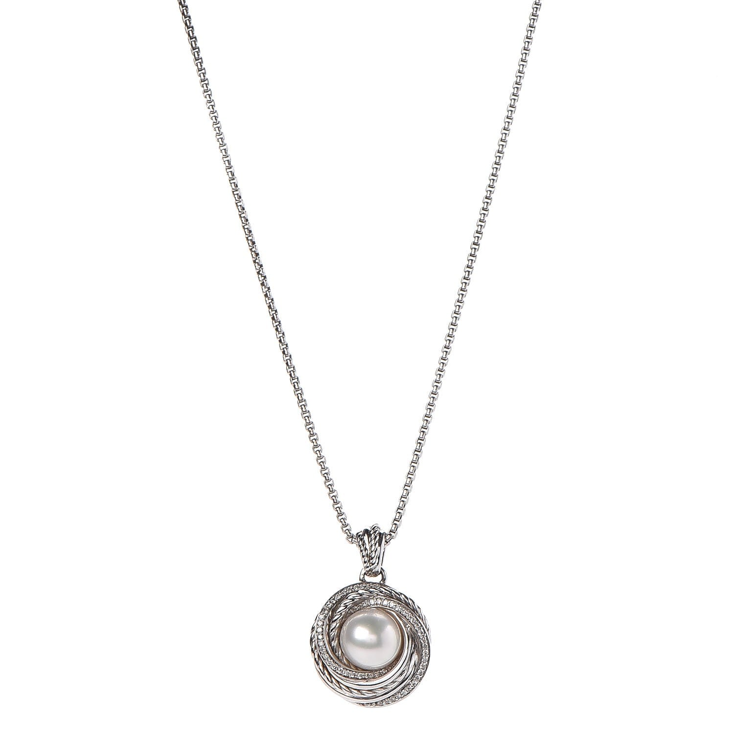 David Yurman Sterling Silver Diamond Pearl 8mm Crossover Pendant Necklace 1 of 8