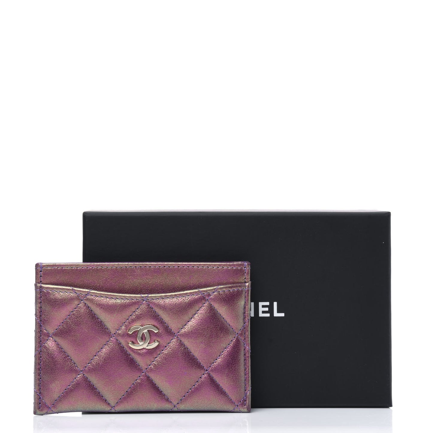 Iridescent Lambskin Quilted Card Holder Purple