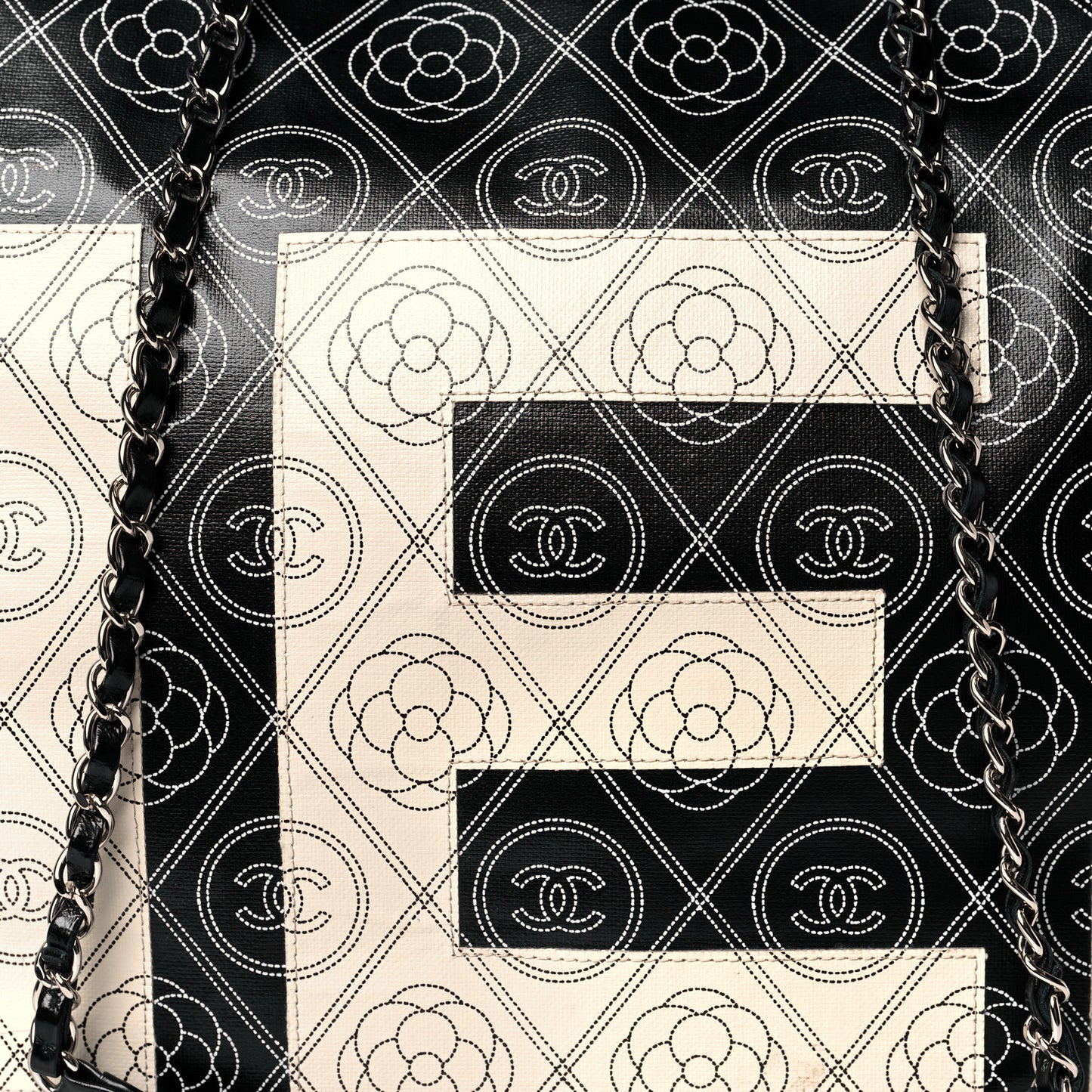 Coated Canvas Camellia Large Shopping Tote Black Beige