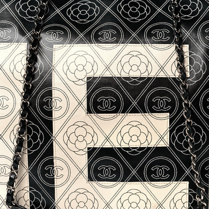 Chanel Coated Canvas Camellia Large Shopping Tote Black Beige 8 of 10
