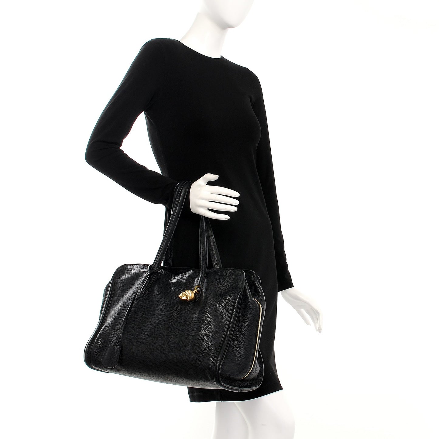 Pebbled Calfskin Large Skull Padlock Zip Around Tote Black