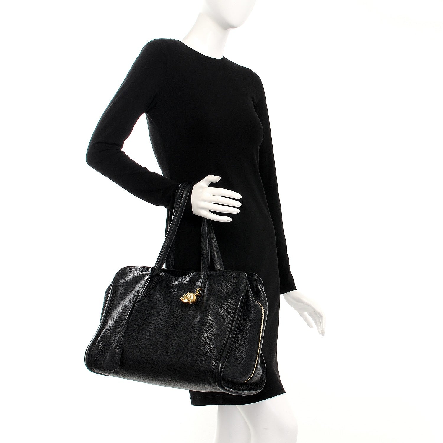 Alexander McQueen Pebbled Calfskin Large Skull Padlock Zip Around Tote Black 2 of 9