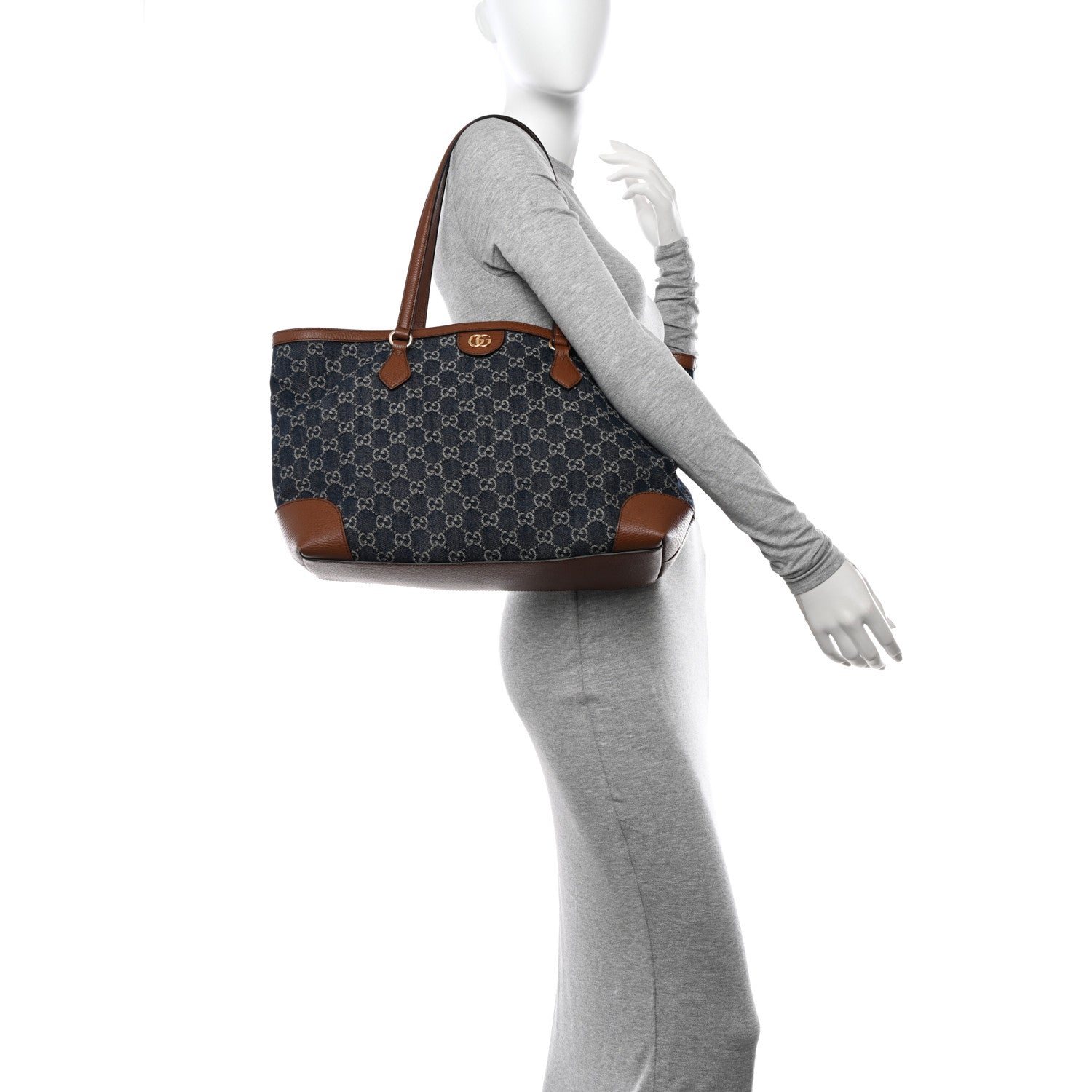 Gucci New Denim GG Monogram Medium Ophidia Shopping Tote Blue Tea Cuir 2 of 10