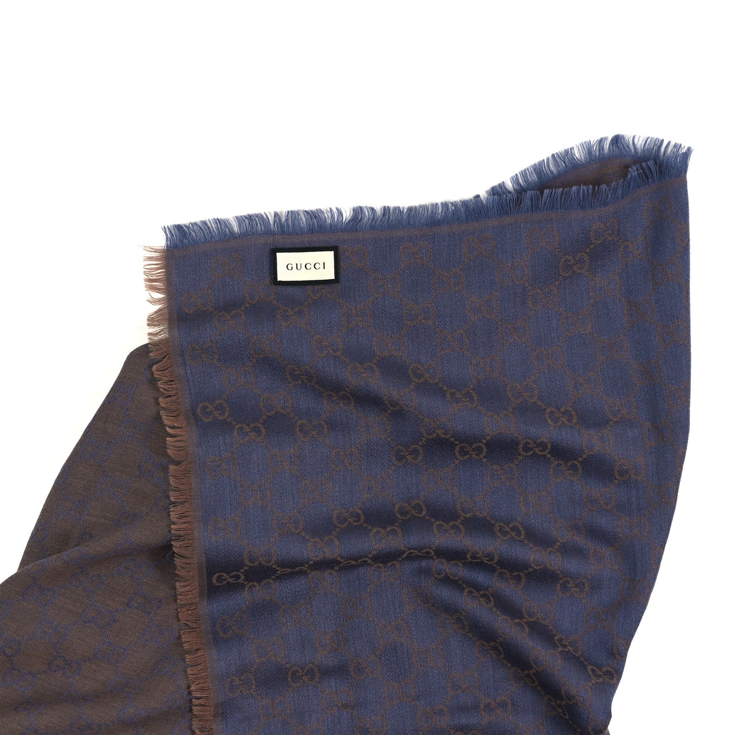 Wool Silk Monogram GGWeb Fringe Shawl Taupe Sky Blue
