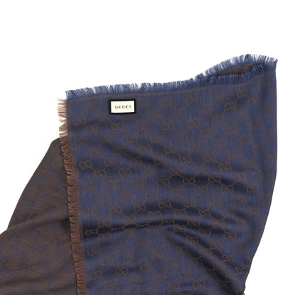 Gucci Wool Silk Monogram GGWeb Fringe Shawl Taupe Sky Blue 3 of 3