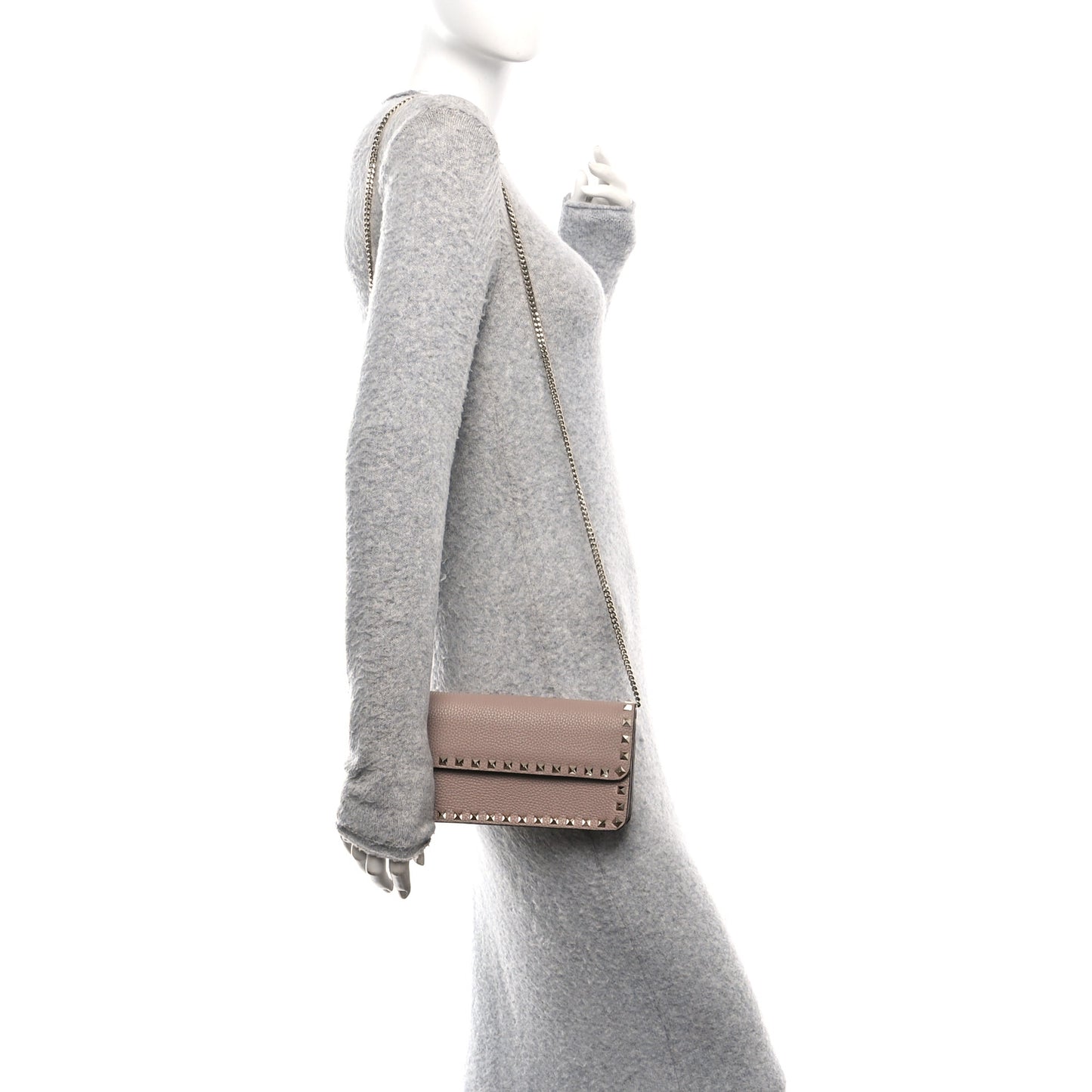 Pebbled Calfskin Rockstud Flap Wallet On Chain Poudre
