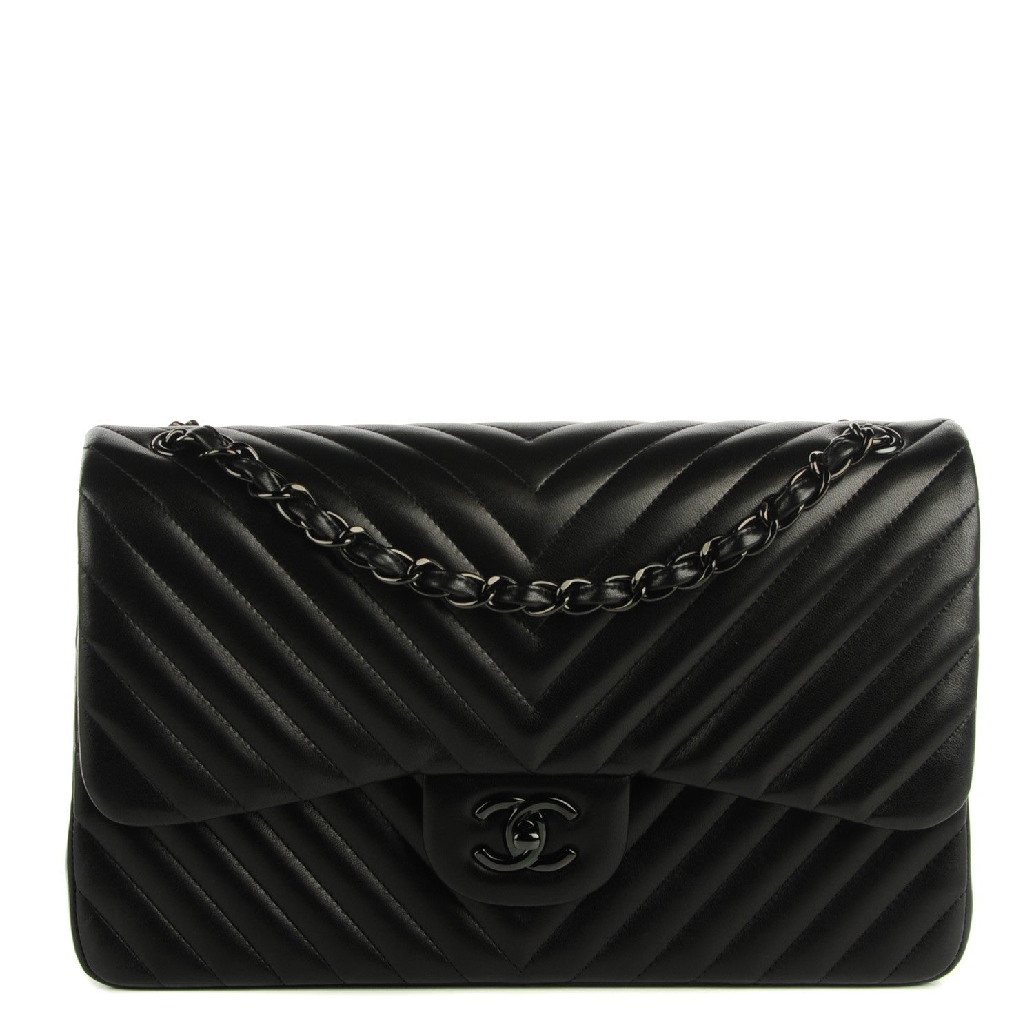 Chanel Lambskin Chevron Quilted Jumbo Double Flap So Black 1 of 8