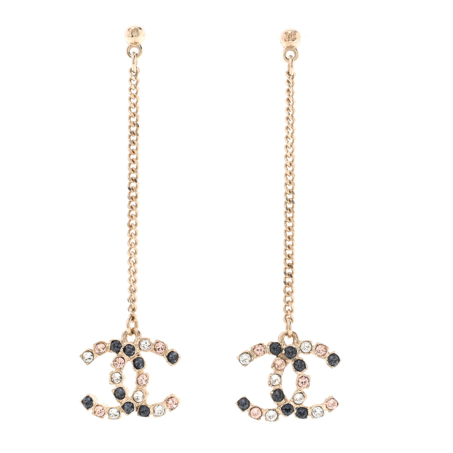 Chanel Crystal CC Drop Earrings Pink Grey Gold 1 of 4