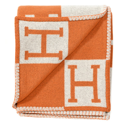 Hermes Wool Cashmere Signature Classic Avalon Blanket Ecru Potiron 2 of 3
