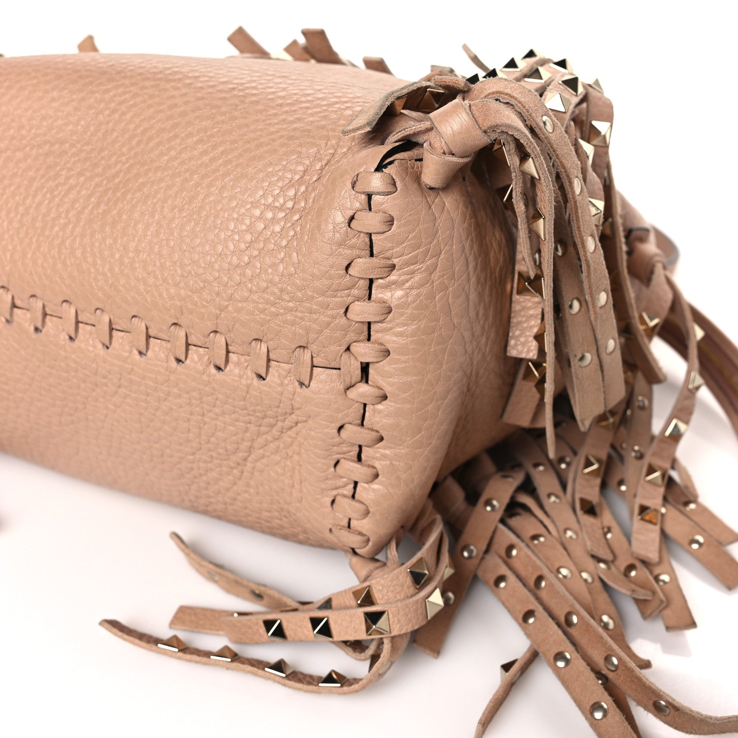 Valentino Garavani Grained Calfskin Small Rockstud C-Rockee Fringe Tote Poudre 8 of 8
