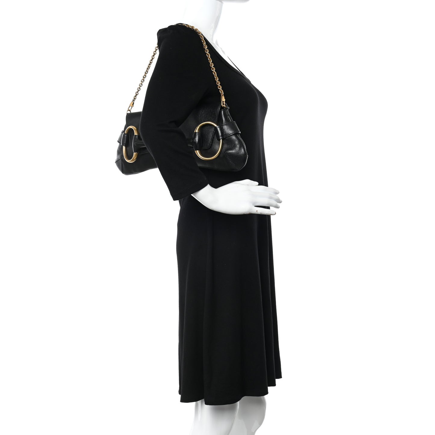 Textured Calfskin Horsebit Chain Clutch Black