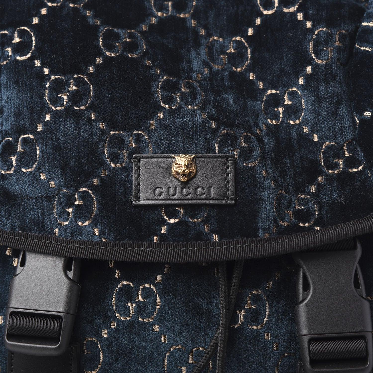 Gucci Velvet GG Monogram Web Medium Double Buckle Backpack Blue Beige Black 9 of 9