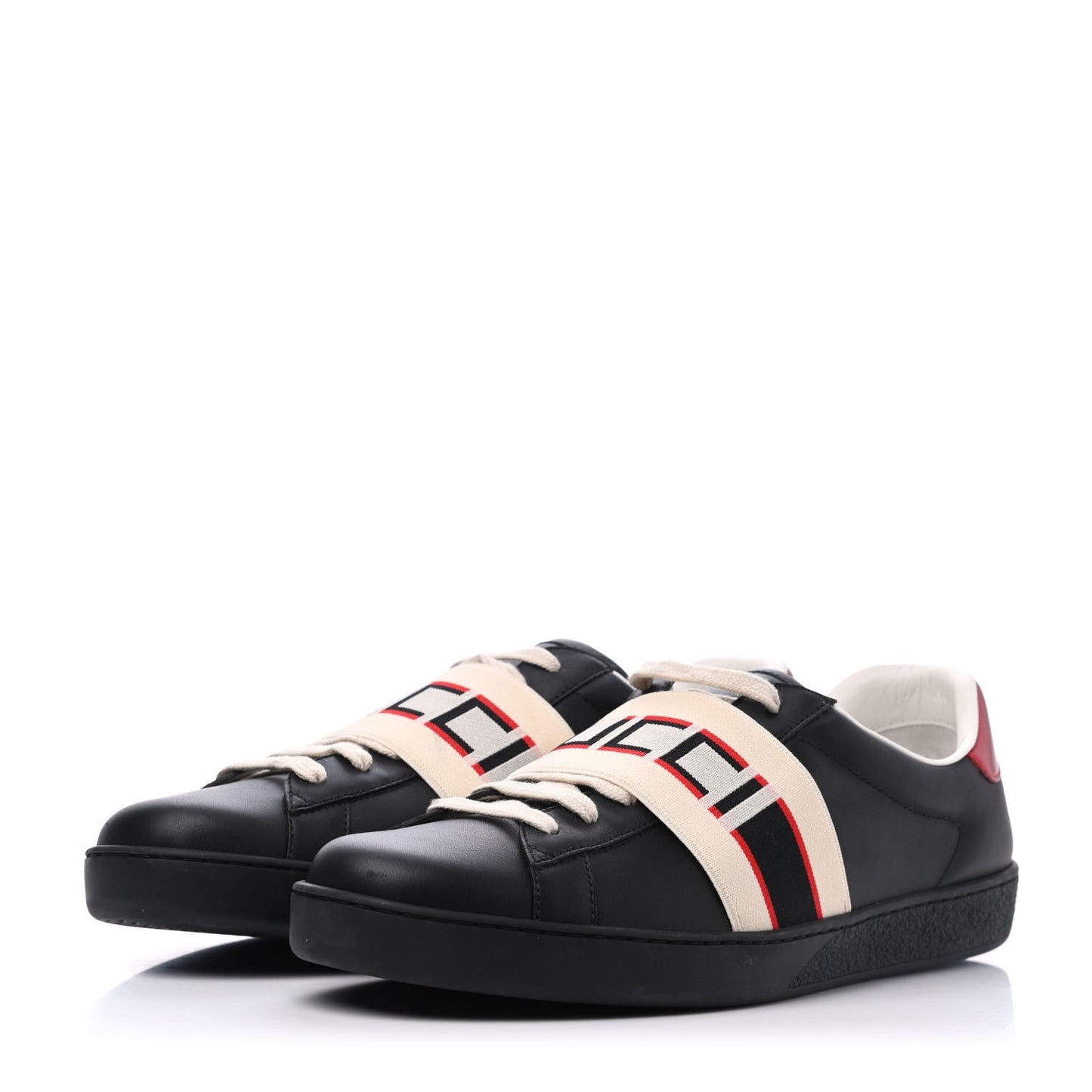Calfskin Stripe Mens New Ace Sneakers 10 Black Ecru Red Flame
