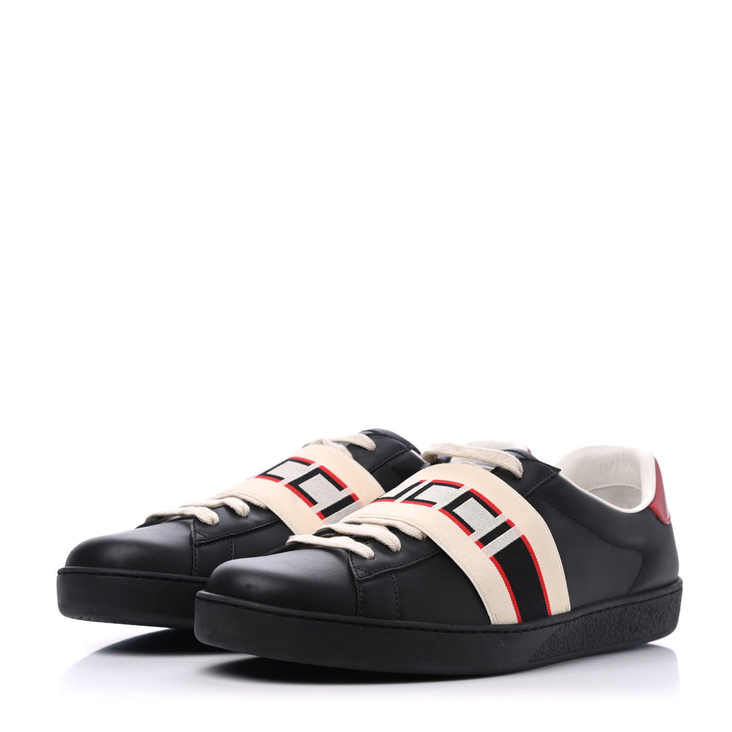 Gucci Calfskin Stripe Mens New Ace Sneakers 10 Black Ecru Red Flame 3 of 15