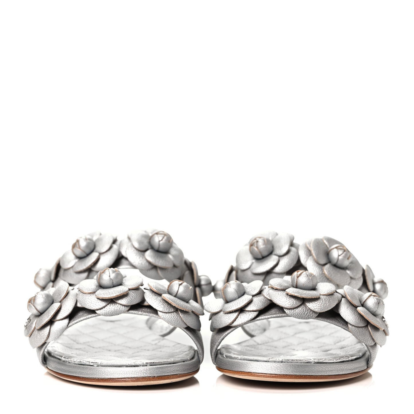 Metallic Lambskin Camellia Slide Sandals 35 Silver
