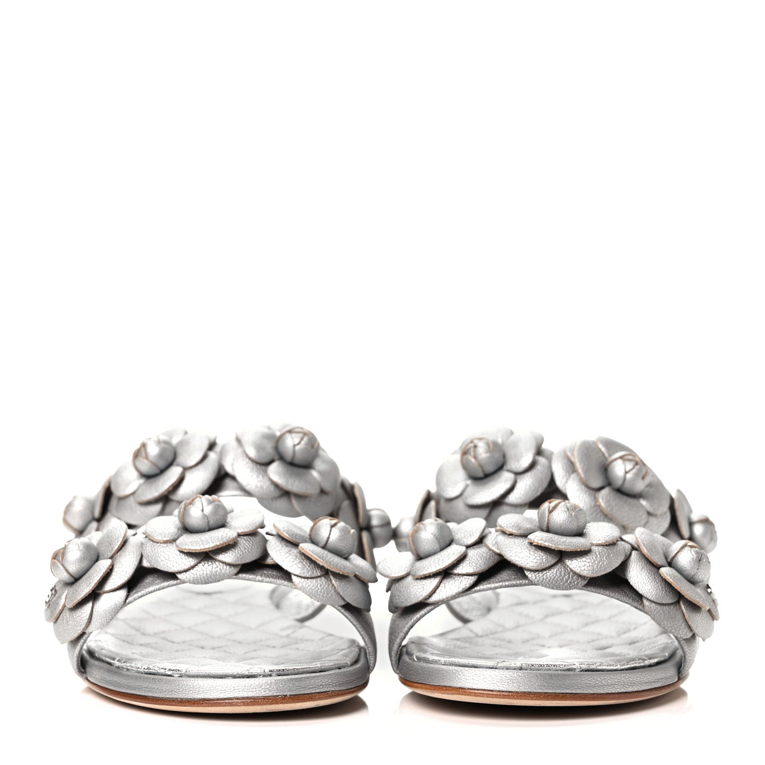 Chanel Metallic Lambskin Camellia Slide Sandals 35 Silver 2 of 9