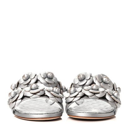 Chanel Metallic Lambskin Camellia Slide Sandals 35 Silver 2 of 9