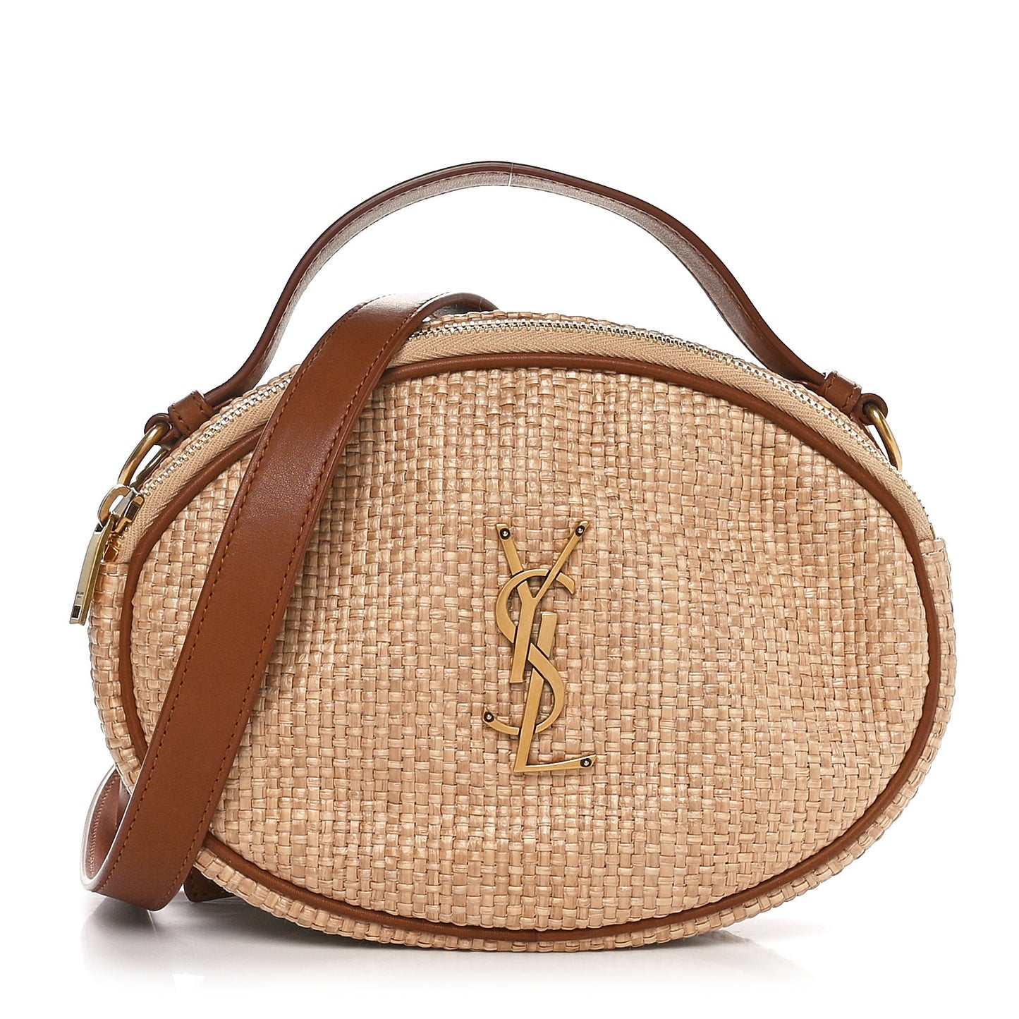 Raffia Calfskin Round Camera Bag Golden Ecru Brick