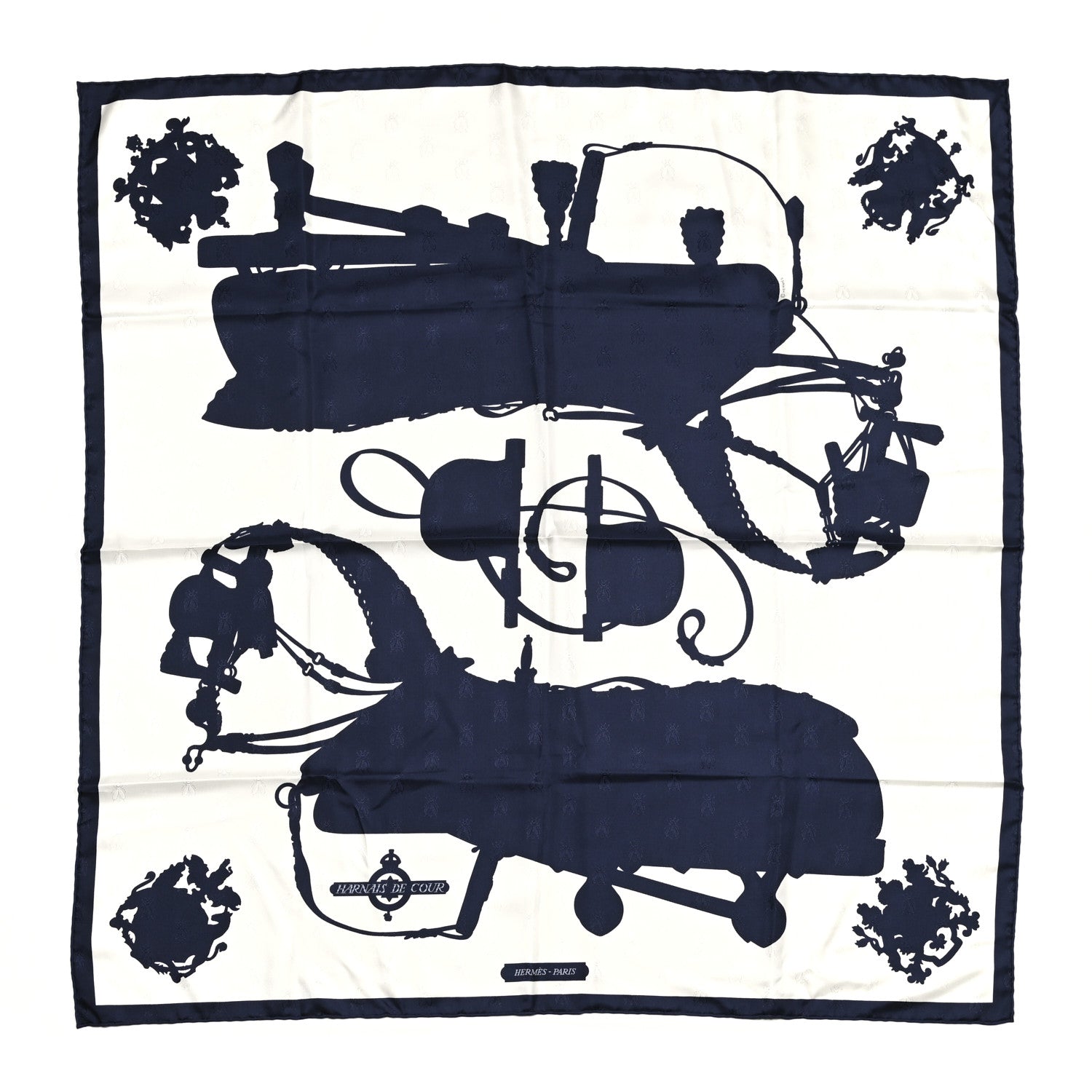 Hermes Silk Harnais De Cour Tattoo Scarf 90 Marine White 1 of 6