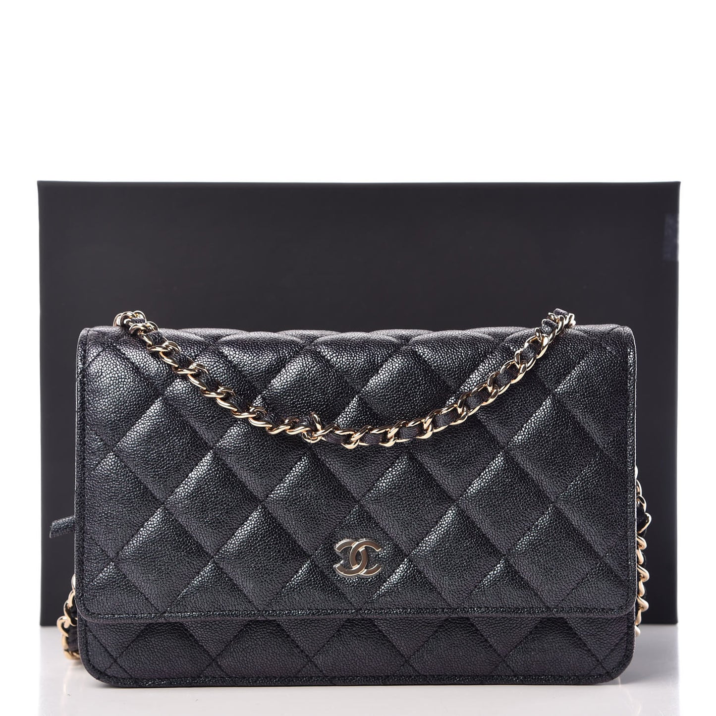 Iridescent Caviar Quilted Wallet On Chain WOC Black