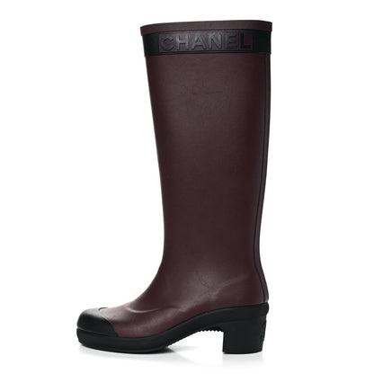 Chanel Rubber Logo Rain Boots 36 Burgundy Black 1 of 9