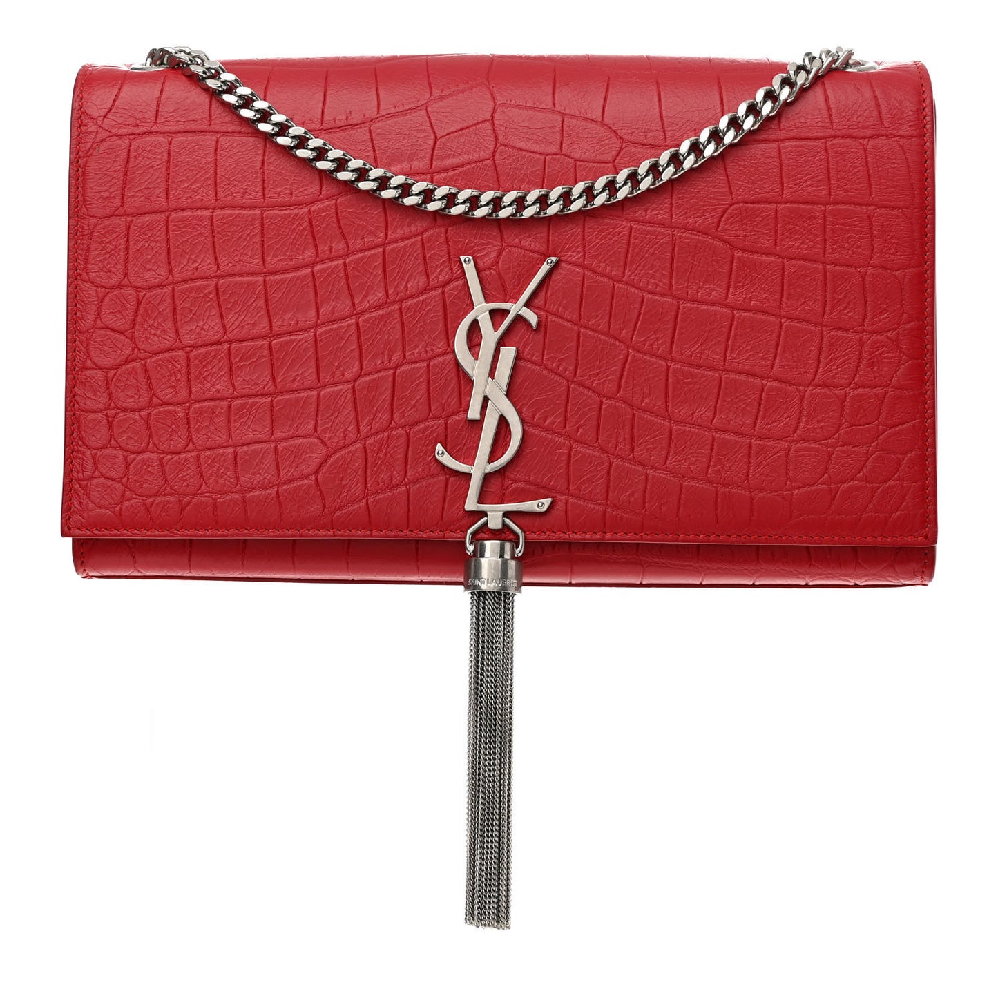 Calfskin Crocodile Embossed Small Classic Monogram Kate Tassel Satchel Red