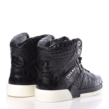 Chanel Calfskin Crocodile Embossed Mens Cocodile High Top Sneakers 42 Black 4 of 11