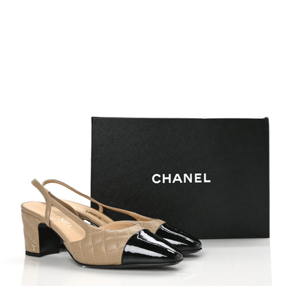 Chanel Lambskin Patent Calfskin Quilted Cap Toe CC Slingback Pumps 40 Beige Black 9 of 9