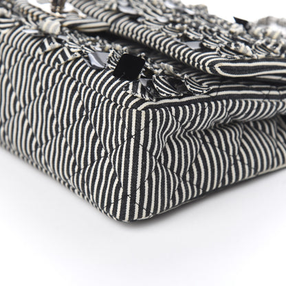 Chanel Canvas Sequin Stripe Medium Double Flap Black White 9 of 10