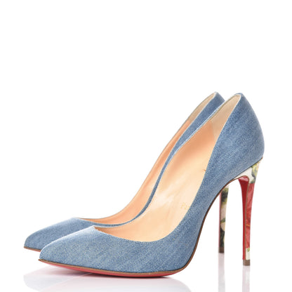 Christian Louboutin Denim Crackled Calfskin Hawaiian Print Pigalle Follies 100 Pumps 35.5 Blue White 3 of 7