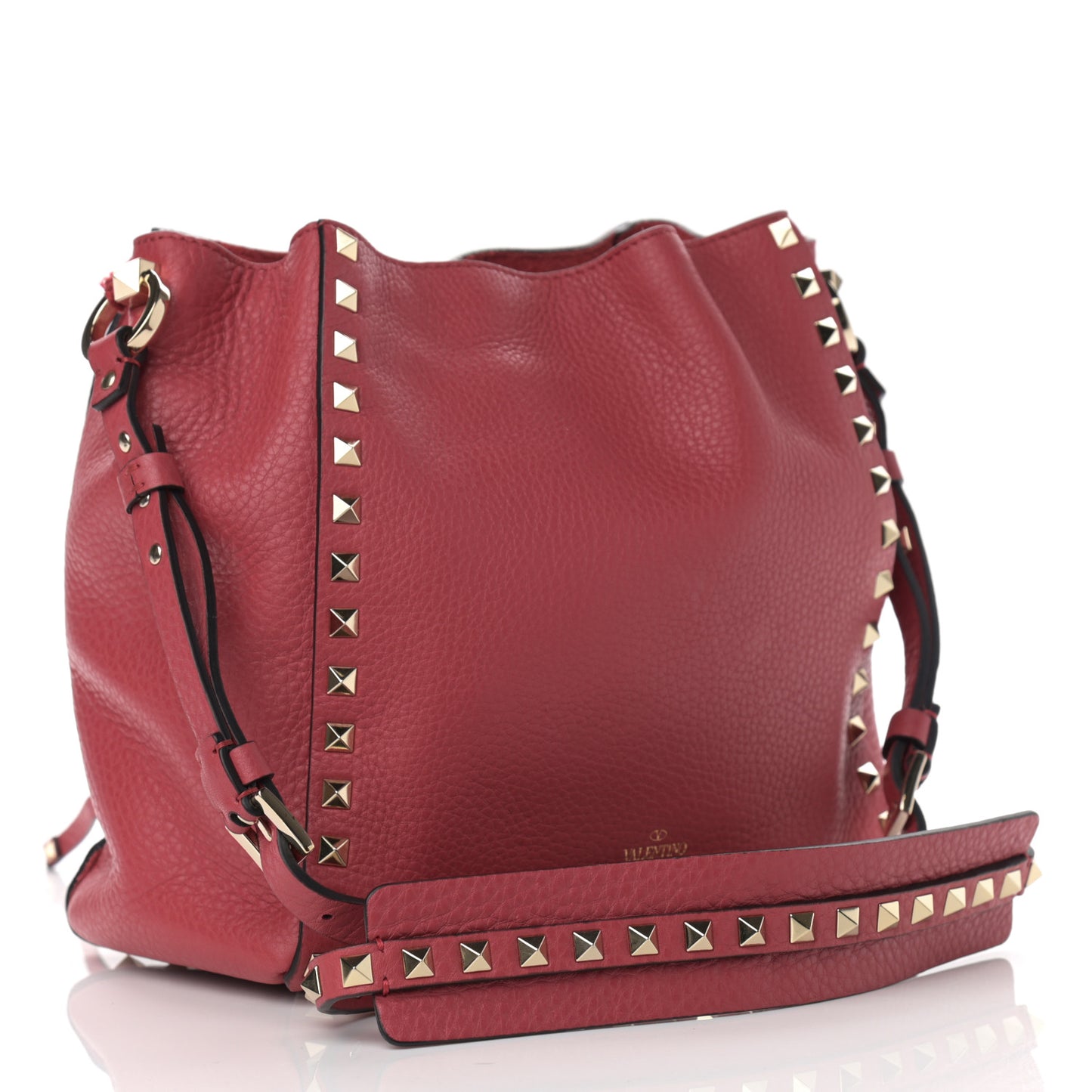 Grained Calfskin Rockstud Bucket Bag Red
